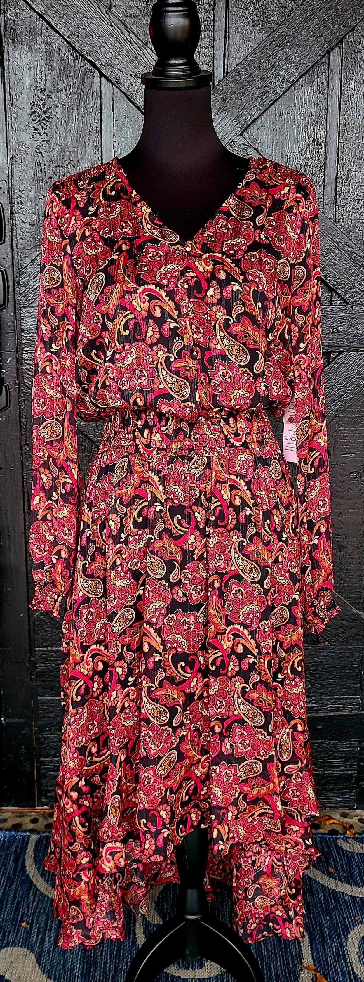 Black and Wine Floral Smocked Waist Dress