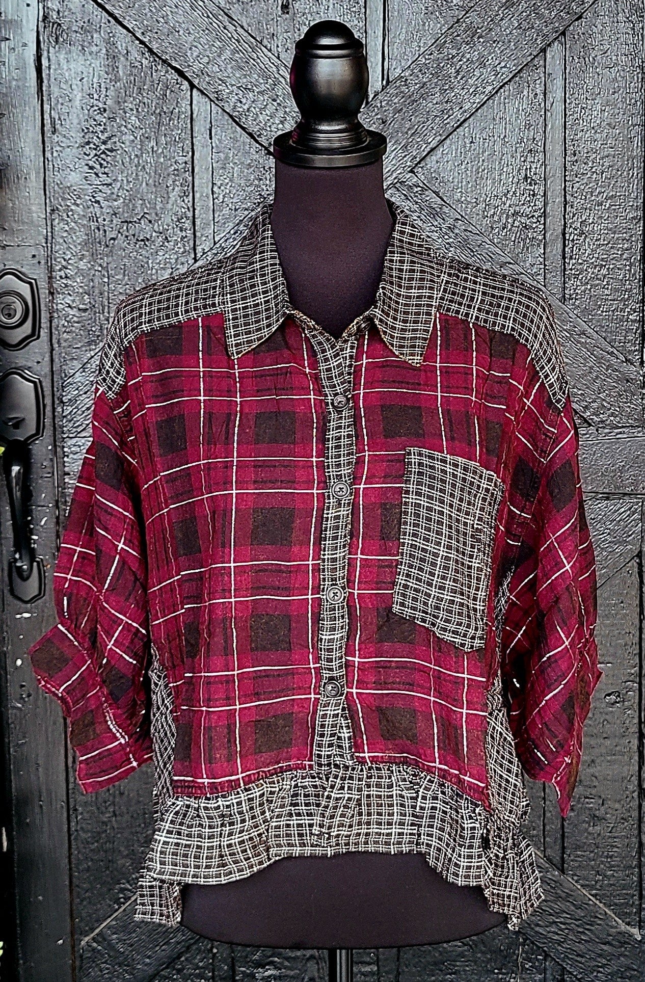 Black and Wine Plaid Sparkle Ruffled Hem Top