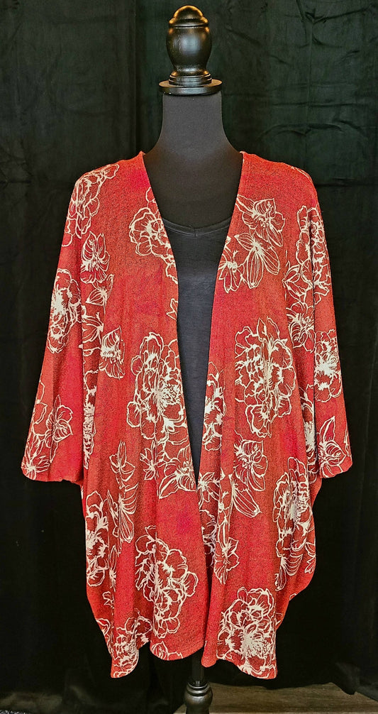 Burgundy with White Floral Knit Kimono