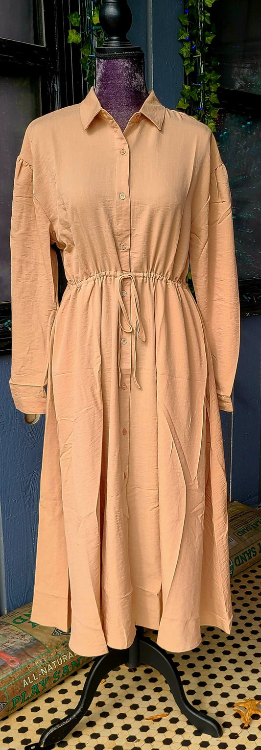 Tan Button Up Linen Dress with Pockets