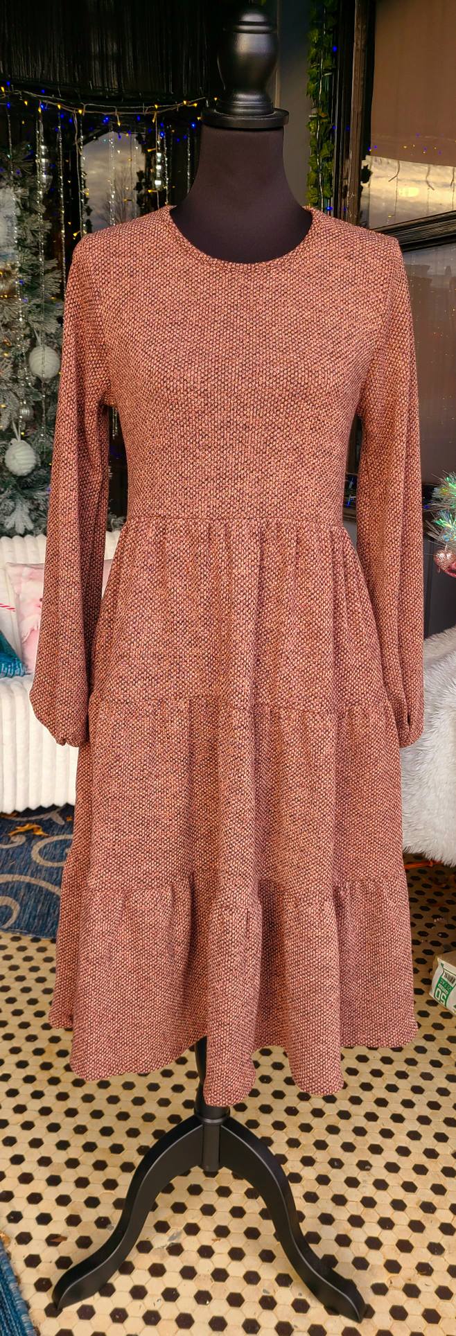 Brown Tiered Sweater Dress with Pockets
