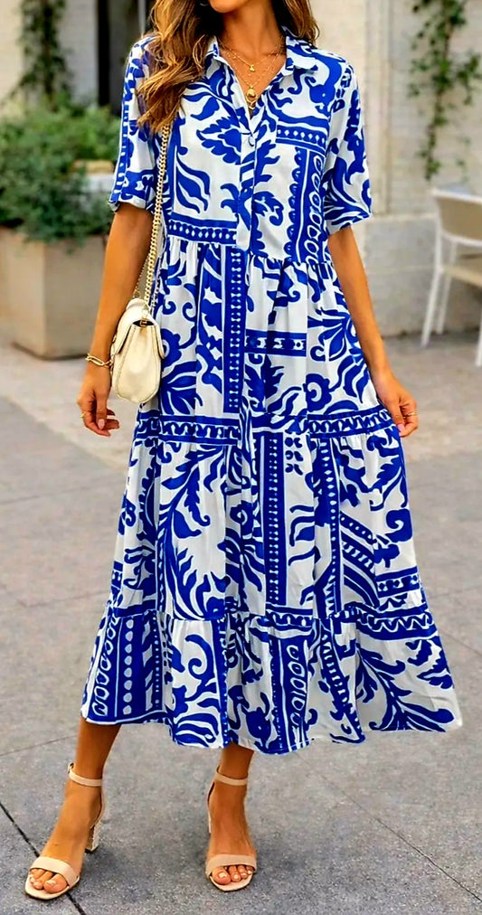 Blue and White Palm Button Up Tiered Maxi Dress