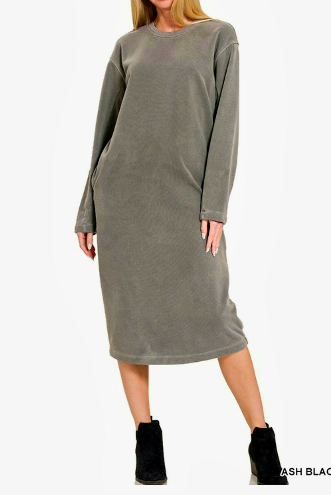 Zenana Ash Black Sweatshirt Dress with Pockets
