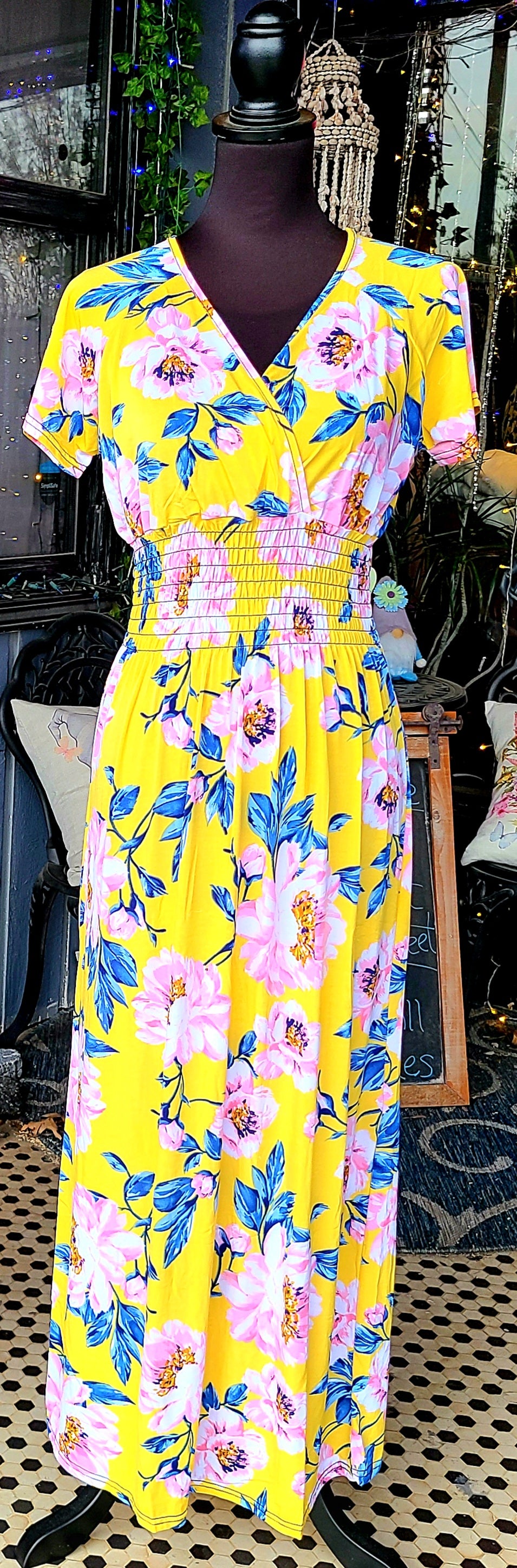 Yellow with Pink and Blue Floral Maxi Dress