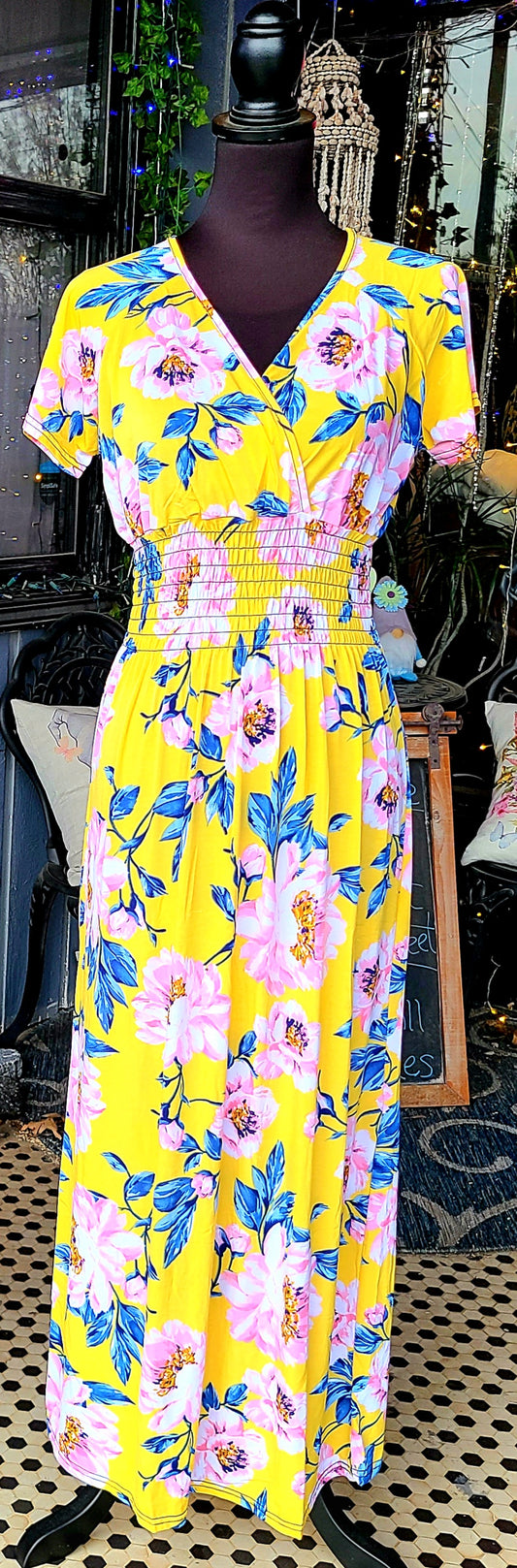 Yellow with Pink and Blue Floral Maxi Dress