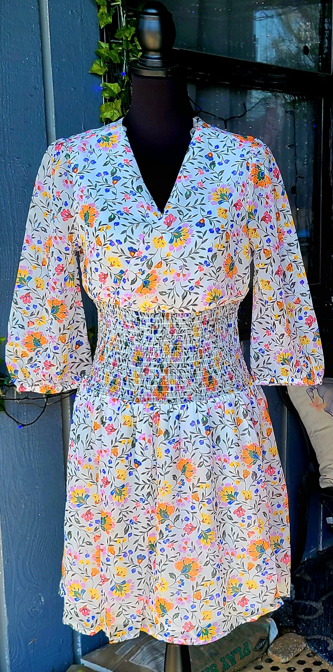 White Floral Smocked Waist Knee Length Dress