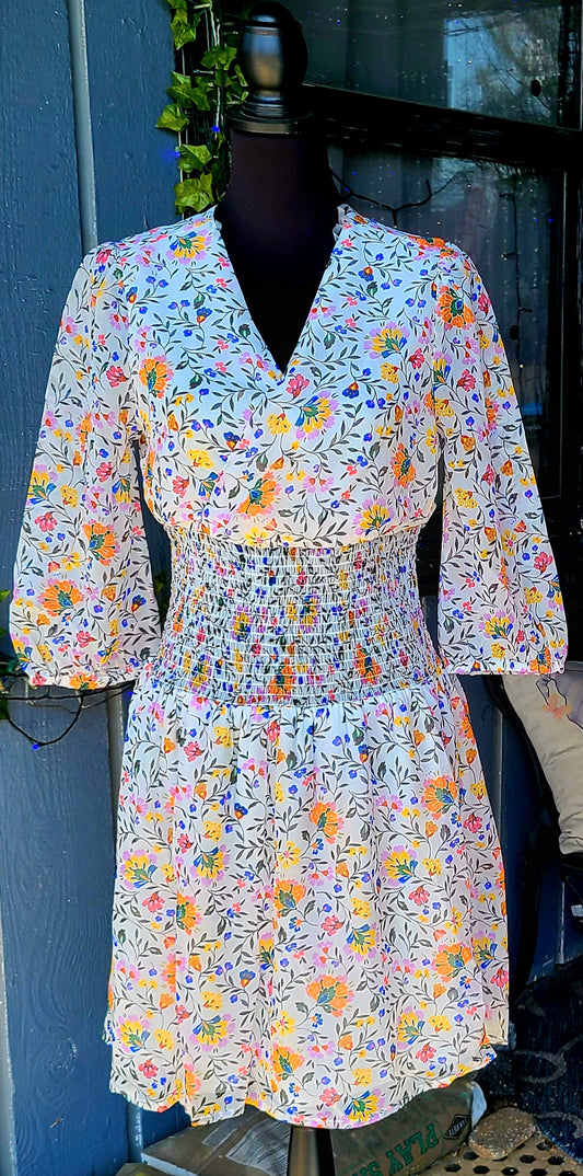 White Floral Smocked Waist Knee Length Dress