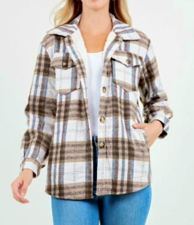 Brown Plaid Fur Lined Shacket with Pockets