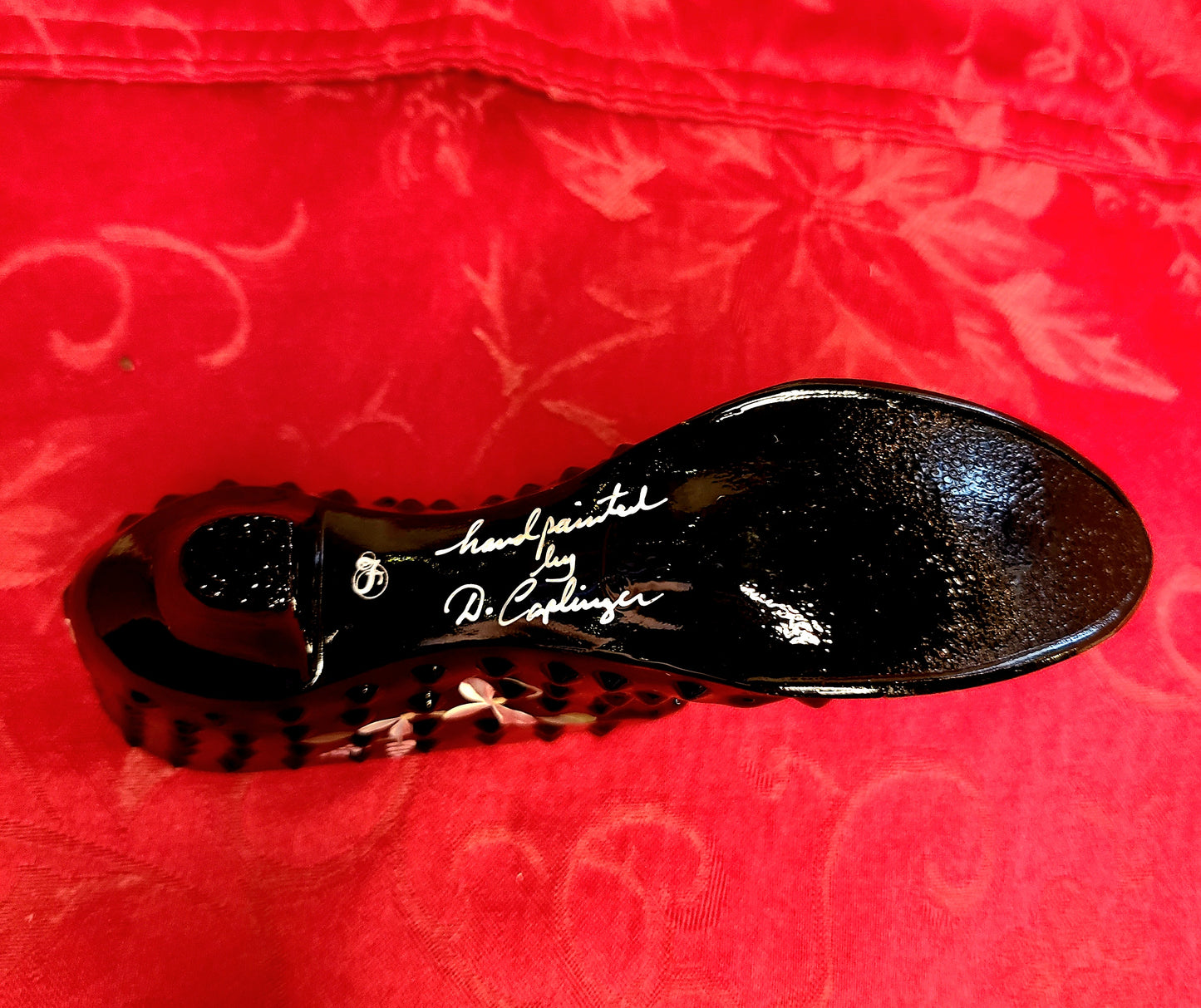 Vintage Fenton Black Glass Shoe- Hand Painted in Japan-Signed by Artist