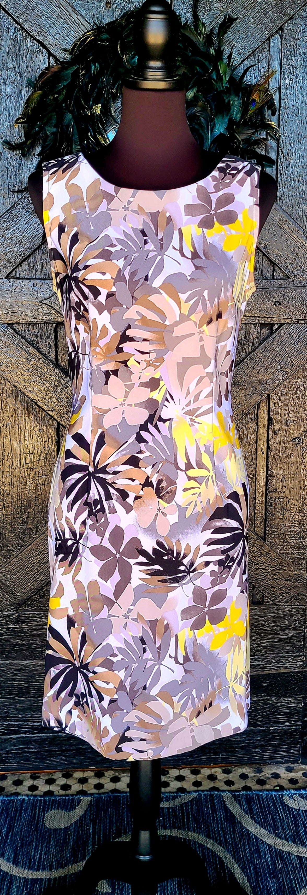 Grey and Yellow Tropical Print Sleeveless Dress