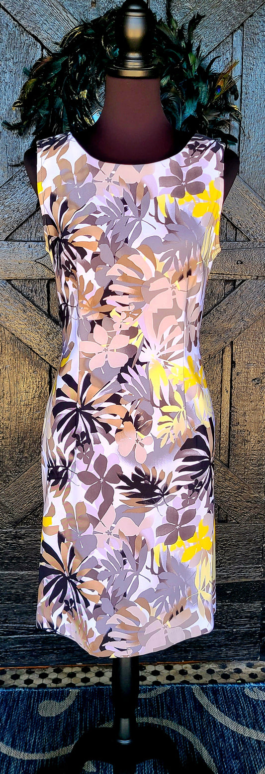 Grey and Yellow Tropical Print Sleeveless Dress
