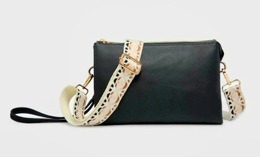 Jen and Co Black Crossbody Purse with Aztec Strap