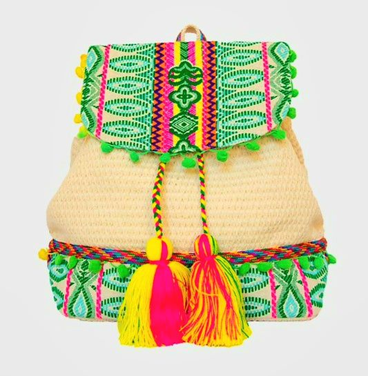 Jen and Co Beige and Green "Magdelena" Handwoven Backpack