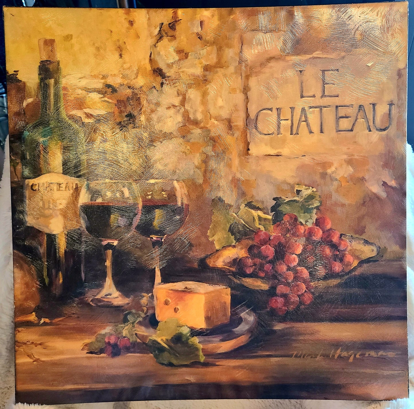 Canvas Art Print Titled "Le Chateau" by Artist Marilyn Hagerman Featuring Wine, Cheese and Grapes
