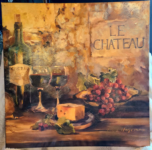 Canvas Art Print Titled "Le Chateau" by Artist Marilyn Hagerman Featuring Wine, Cheese and Grapes
