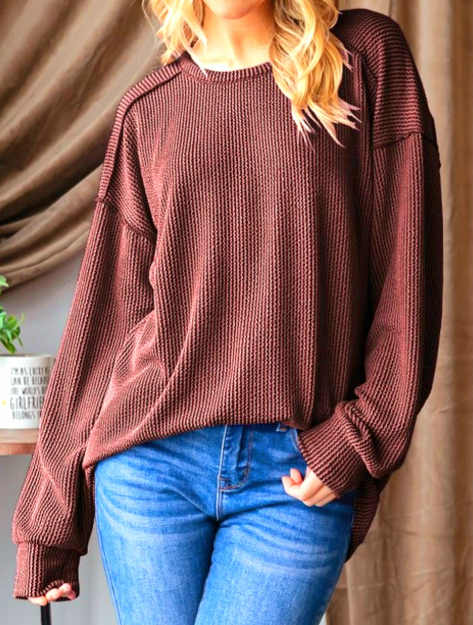 Brown Urban Ribbed Puff Sleeve Round Neck Top