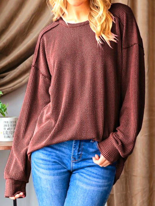 Brown Urban Ribbed Puff Sleeve Round Neck Top