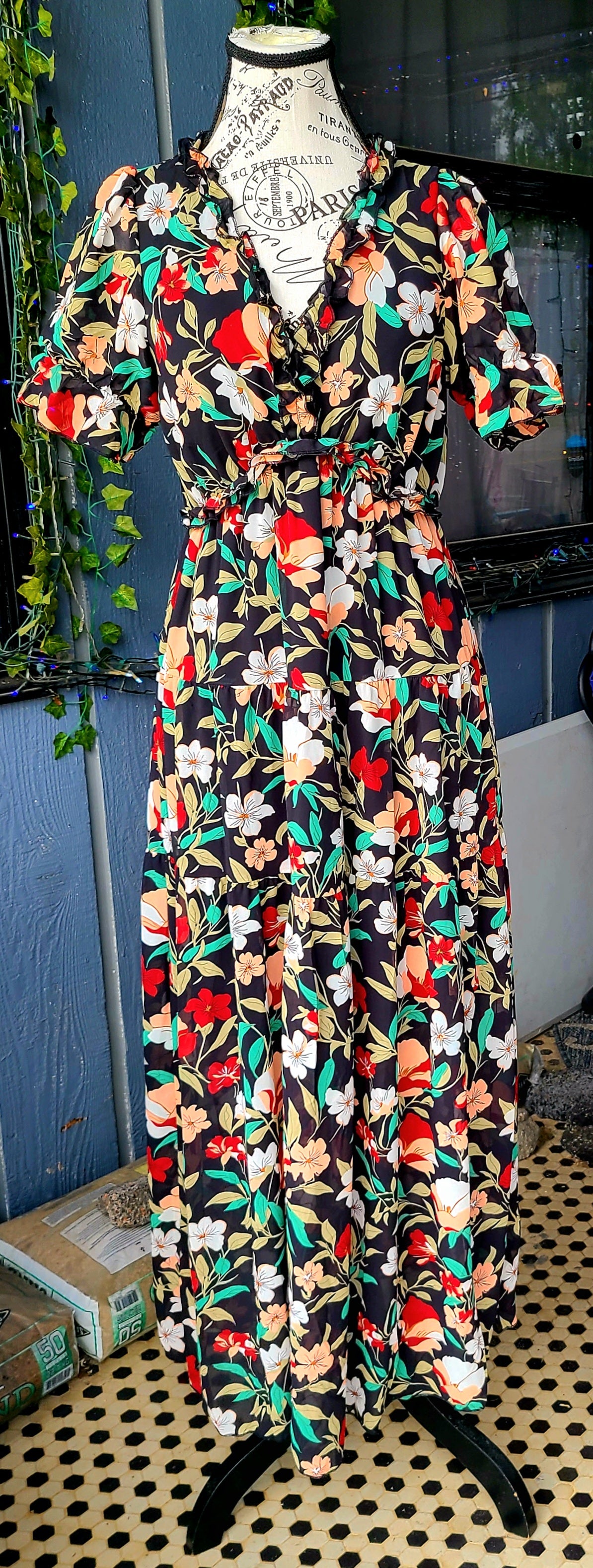 Black Floral Ruffled V Neck Maxi Dress