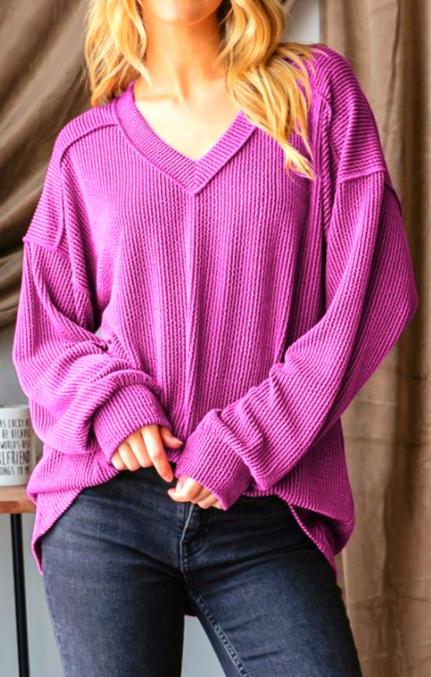 Magenta Urban Ribbed Puff Sleeve V Neck Top