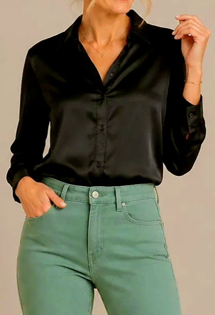Black Satin Button Front Blouse