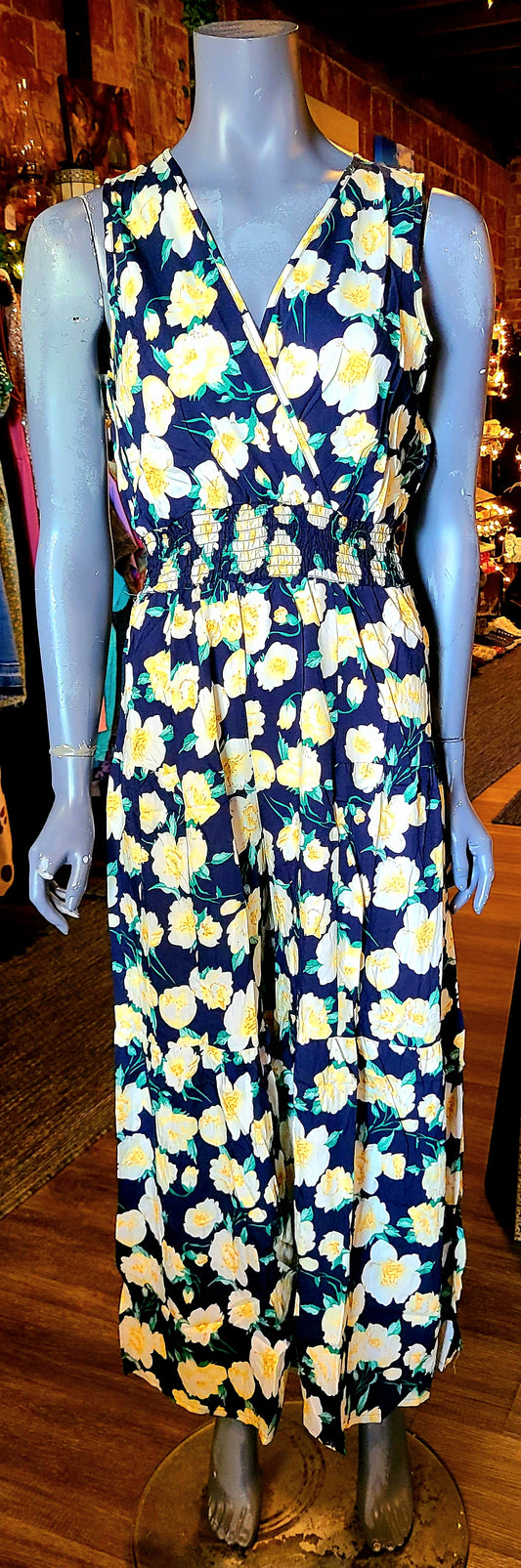Black with White Floral Sleeveless Jumpsuit