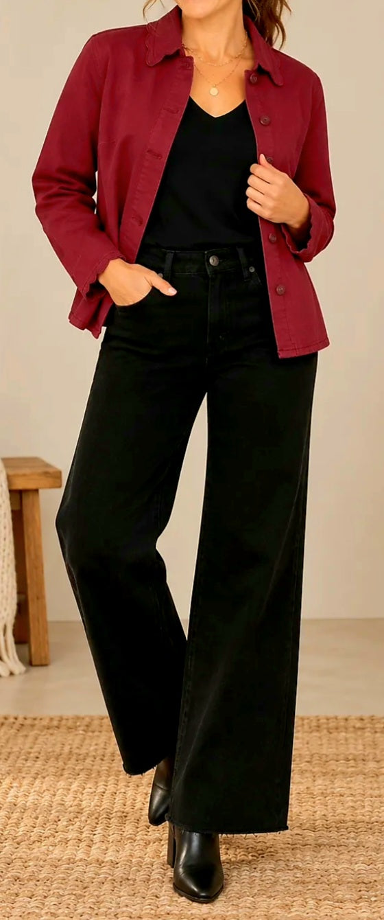 Burgundy Scalloped Trim Denim Jacket with Dyed to Match Buttons