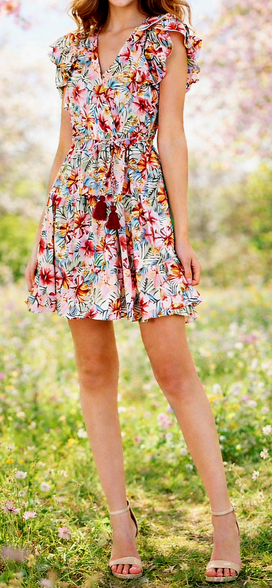 Pink Tropical Print Ruffle Sleeve Dress