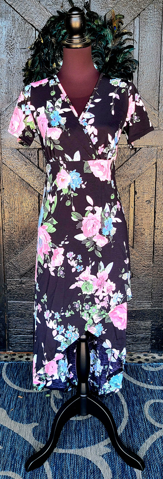 Black with Pink Floral V Neck Maxi Dress
