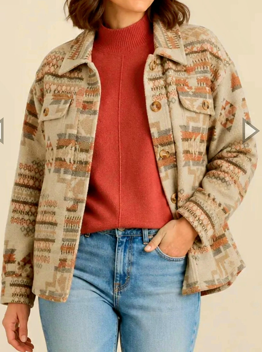 Taupe Aztec Shacket with Pockets