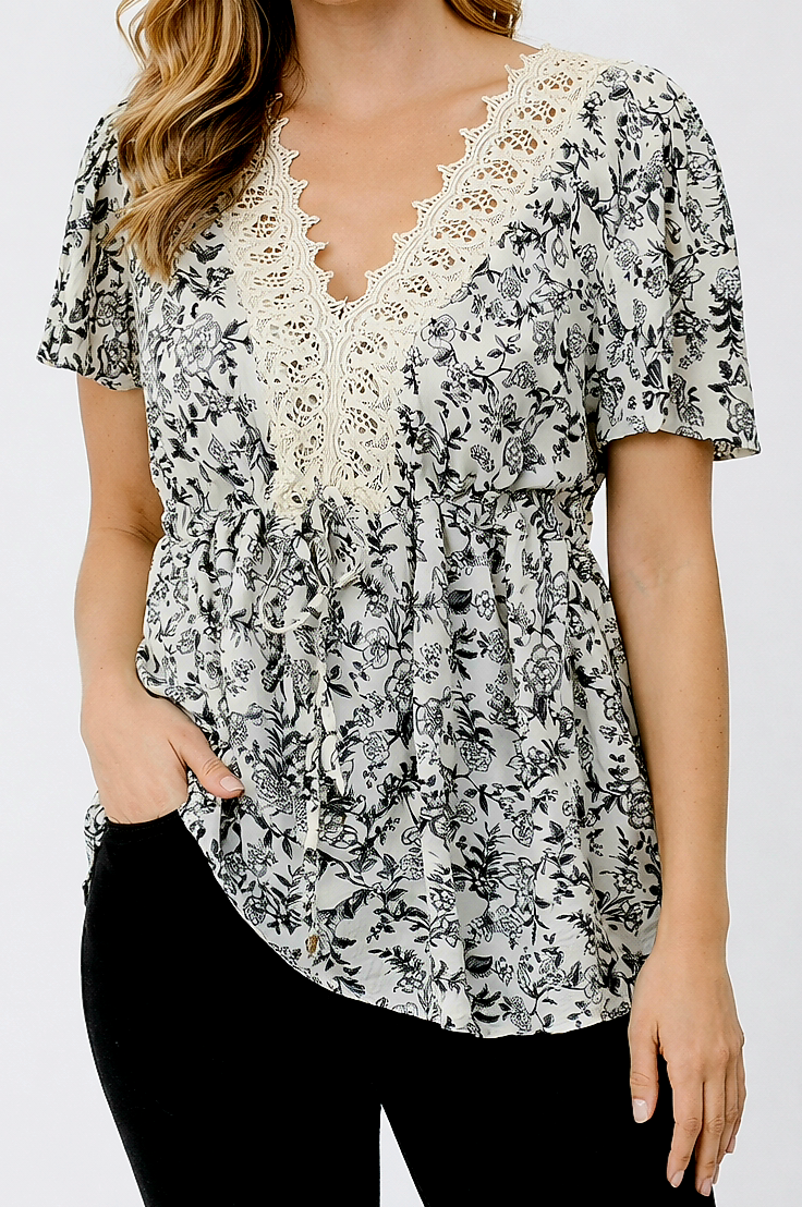 Black and White Floral Lace V Neck Top