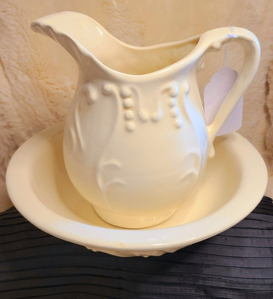 Vintage Cream Colored Ceramic Pitcher and Wash Basin