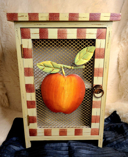 Vintage Style Wooden Box with a Wire Mesh Door and Apple Design