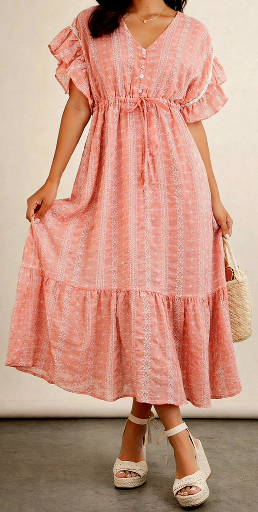 Peach Floral Ruffle Sleeve Maxi Dress