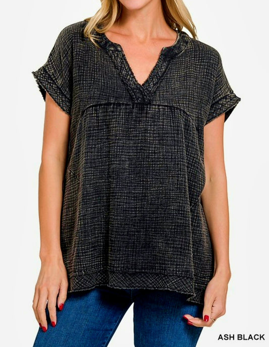 Zenana Ash Black V Neck Top with Pockets