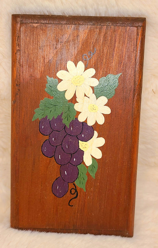 Vintage Hand Painted Grapes and Daisies Wood Plaque