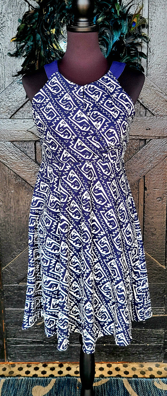 Navy and White Abstract Print Sleeveless Dress Size Medium