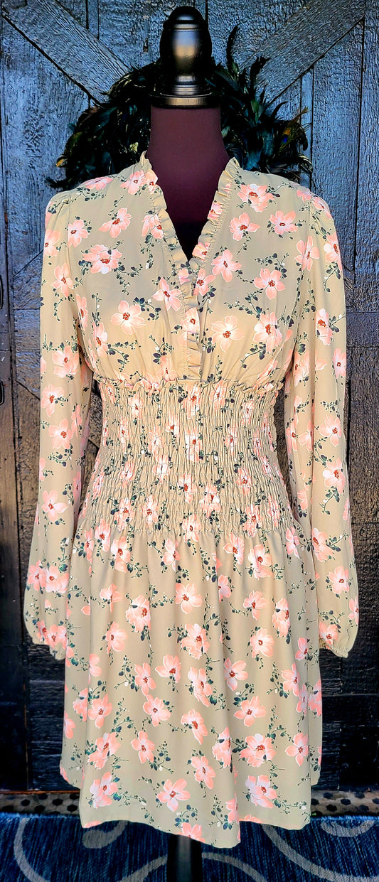 Sage Green with Peach Floral Smocked Waist Dress