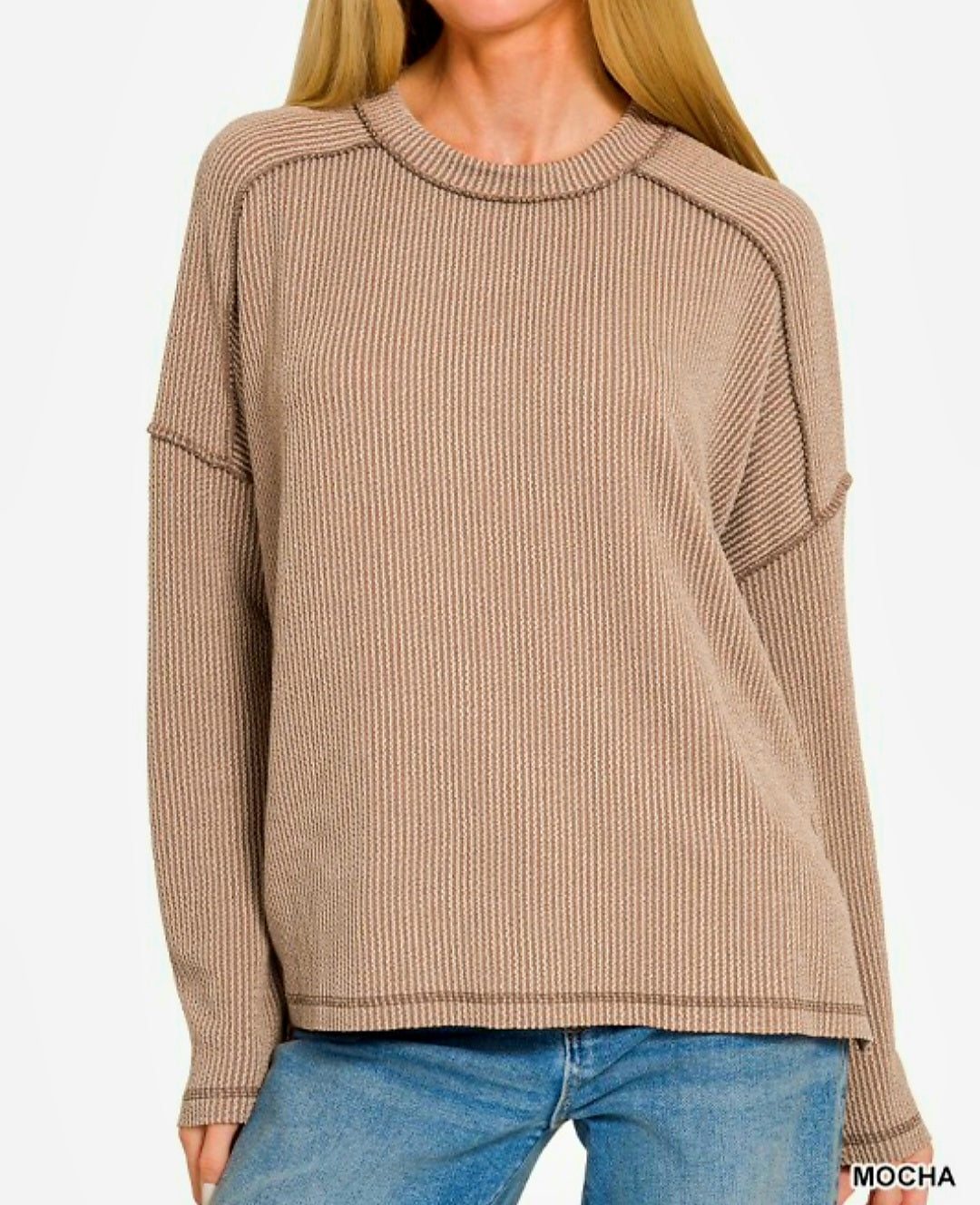 Zenana Mocha Ribbed Reverse Stitch Top