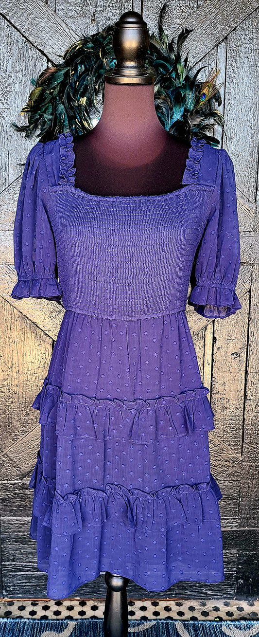 Navy Smocked Swiss Dot Ruffle Tiered Dress