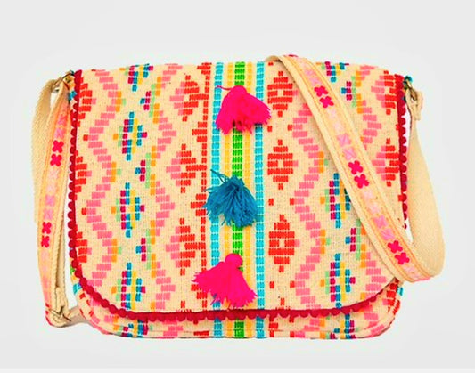Jen and Co Beige and Pink "Pia" Cotton Crossbody Purse