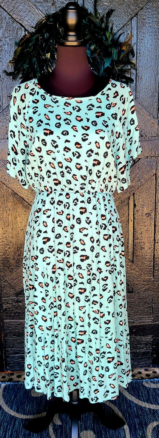 Teal with Pink Leopard Tiered Dress with Pockets