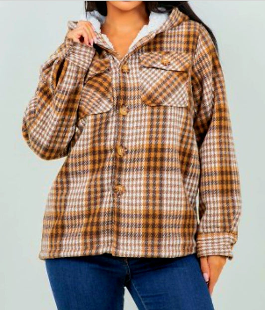 Brown Plaid Fur Lined Shacket with Hoodie and Pockets