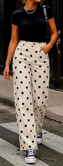 Cafe Polka Dot Wide Leg Fray Hem Jeans