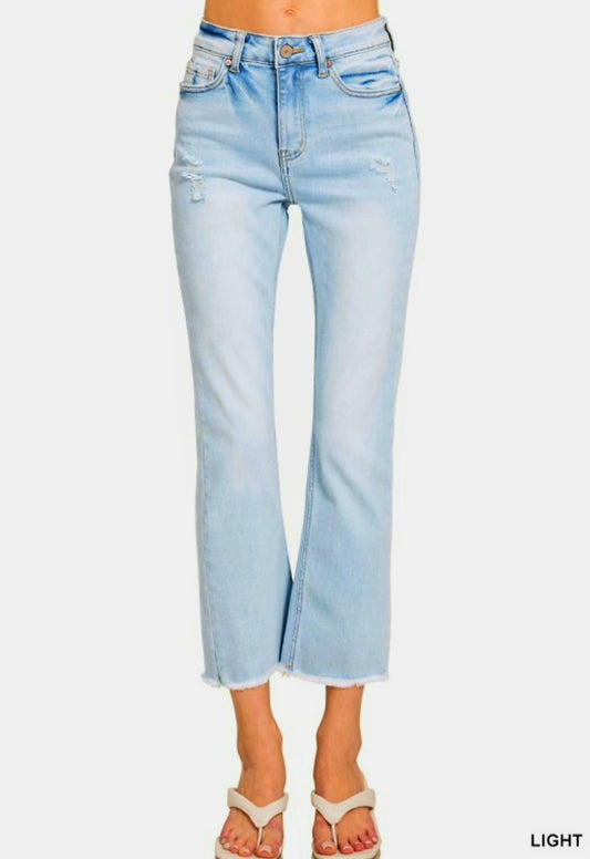 Zenana Light Wash High Rise Raw Hem Cropped Jeans