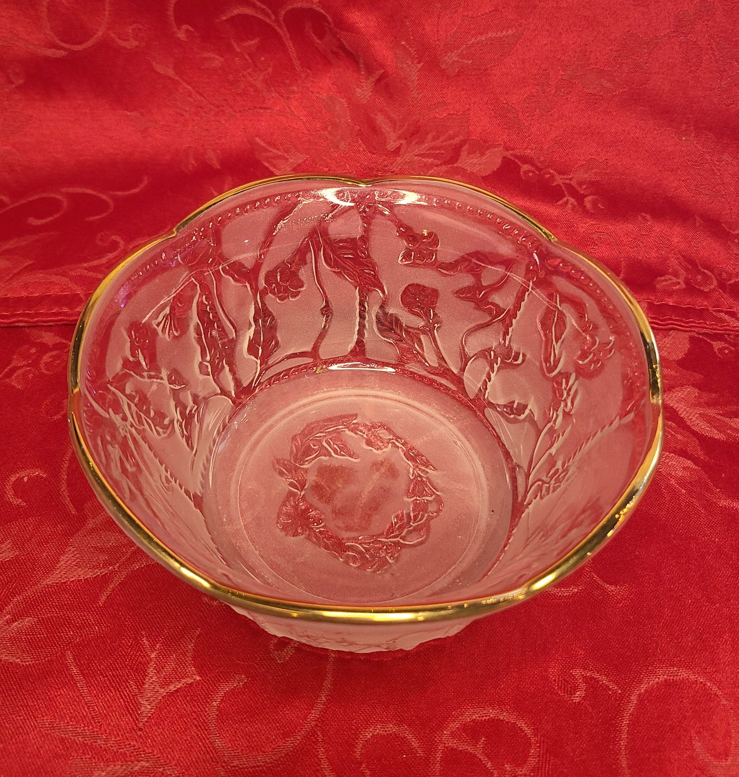 Vintage 1960's KIG Indonesia Frosted Glass Bowl with Floral Design and Gold Rim