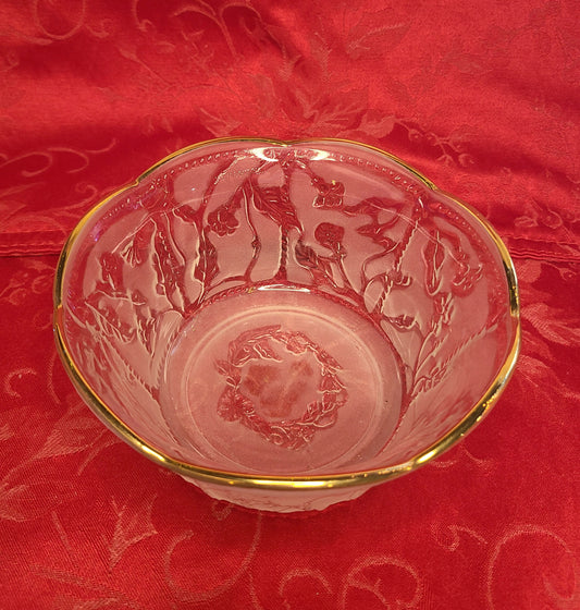 Vintage 1960's KIG Indonesia Frosted Glass Bowl with Floral Design and Gold Rim