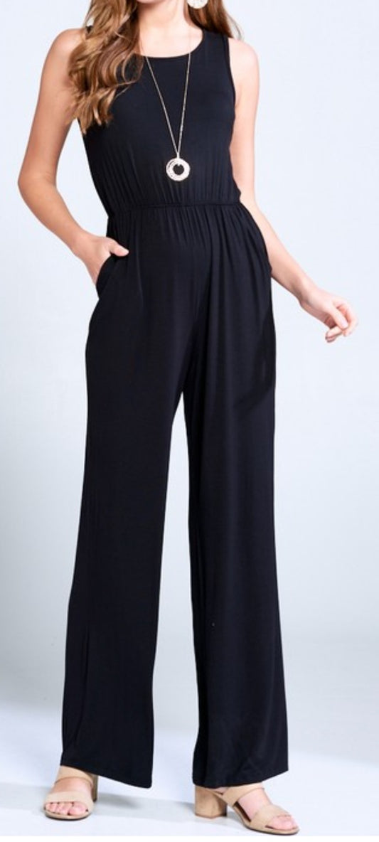 Black Modal Sleeveless Jumpsuit with Pockets
