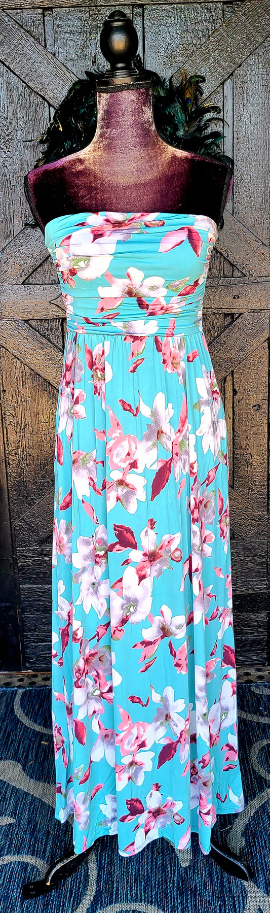 Mint Floral Strapless Maxi Dress with Pockets
