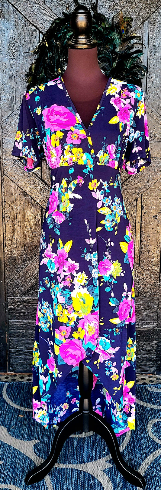 Plus Size Navy with Pink and Yellow Floral V Neck Maxi Dress