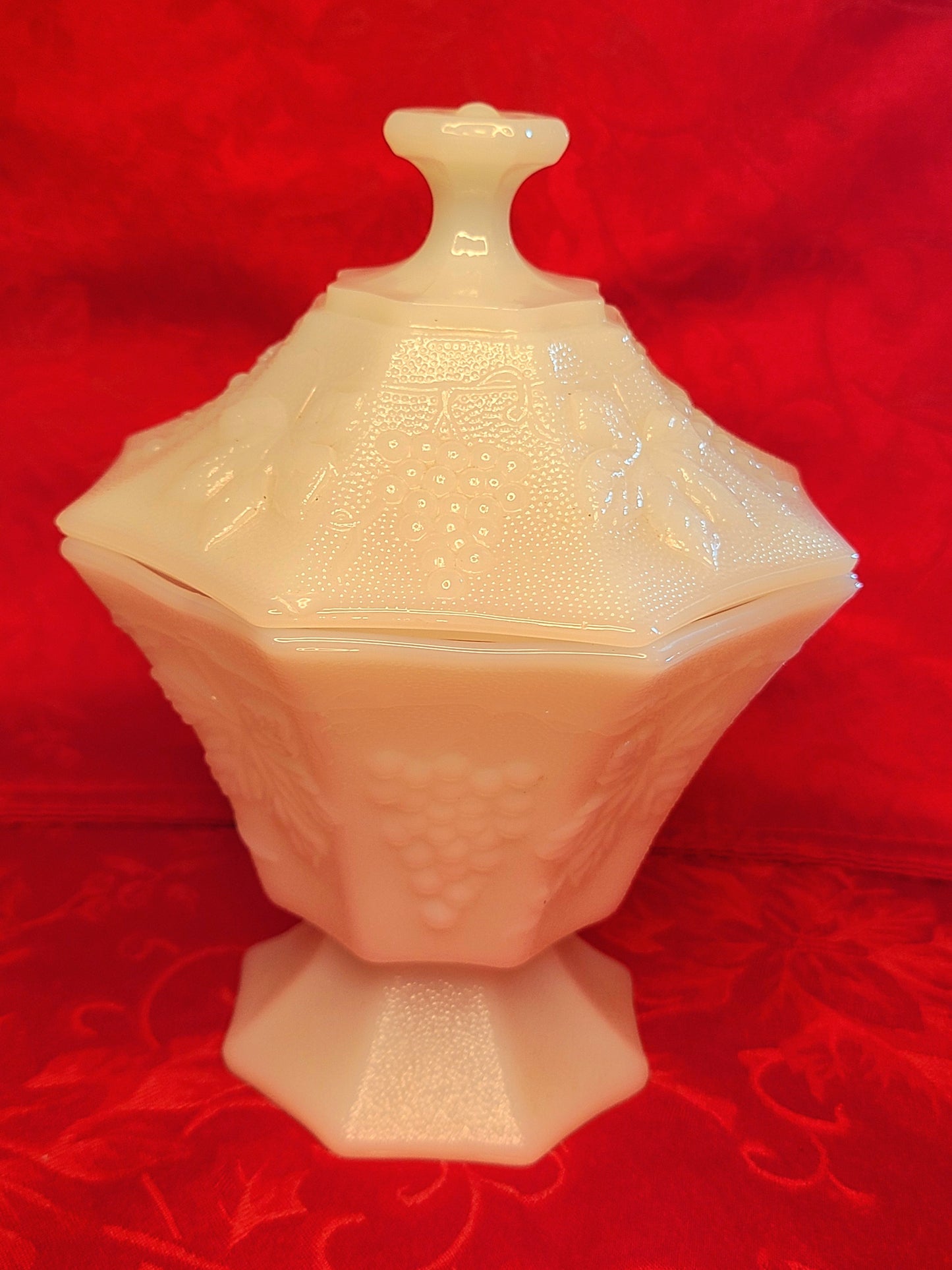 Vintage Anchor Hocking Milk Glass Lidded Candy Dish in Harvest Grape Pattern